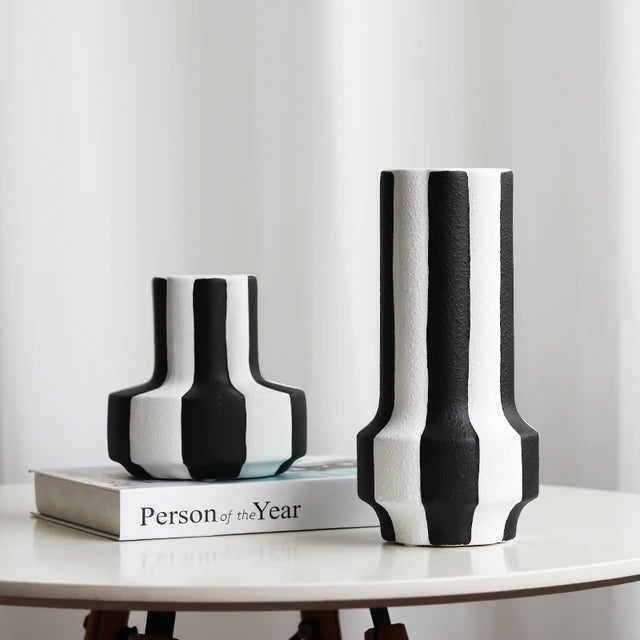 BLACK AND WHITE STRIPED CERAMIC VASE