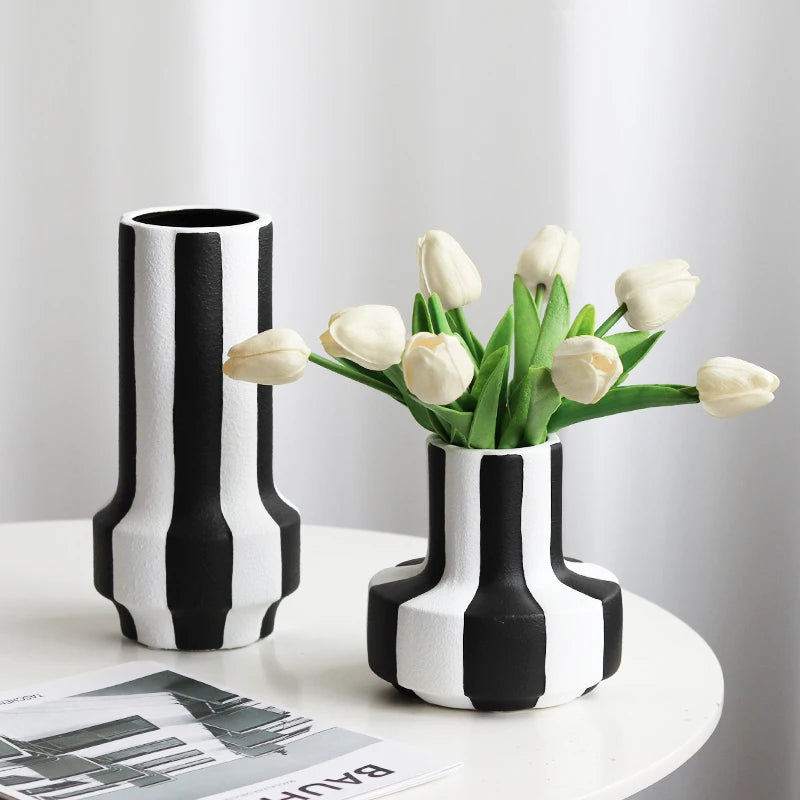 BLACK AND WHITE STRIPED CERAMIC VASE