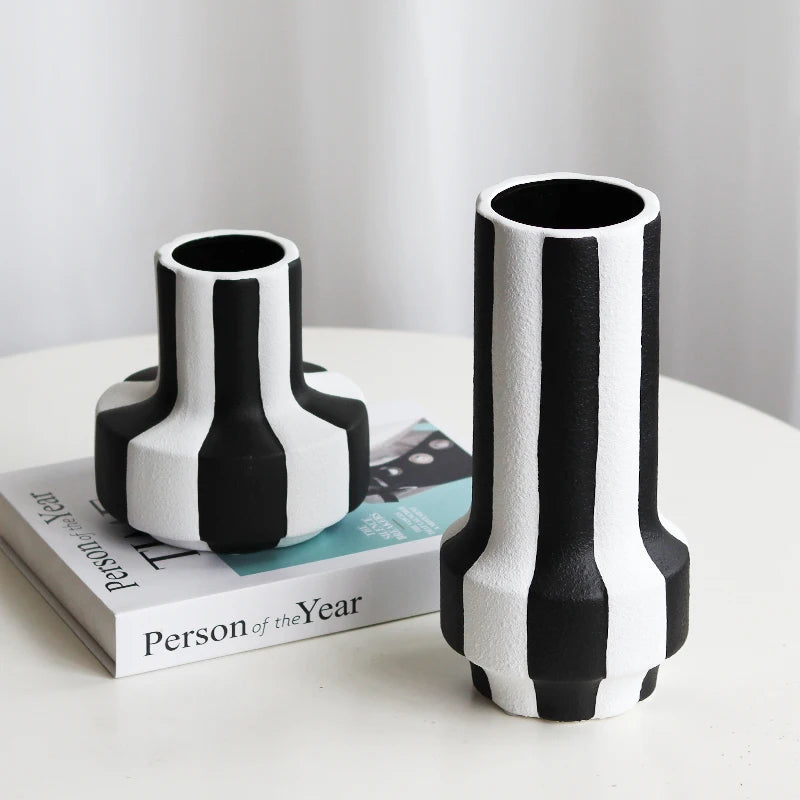 BLACK AND WHITE STRIPED CERAMIC VASE