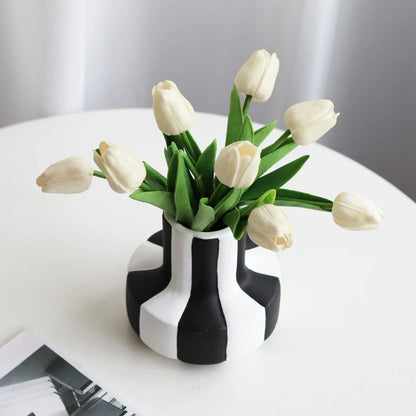 BLACK AND WHITE STRIPED CERAMIC VASE